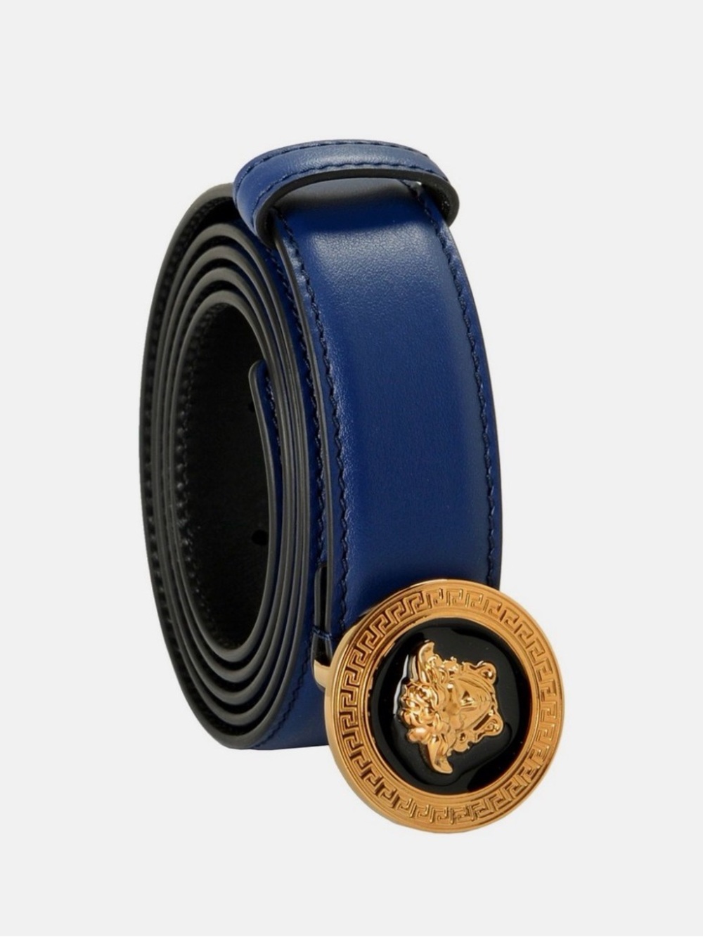 Versace Medusa Biggie Leather Belt Navy Blue Gold Buckle Size 85/34 NWT